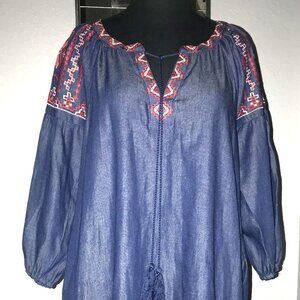 Dress or Top Chambray Embroidered Blue Cotton Mini